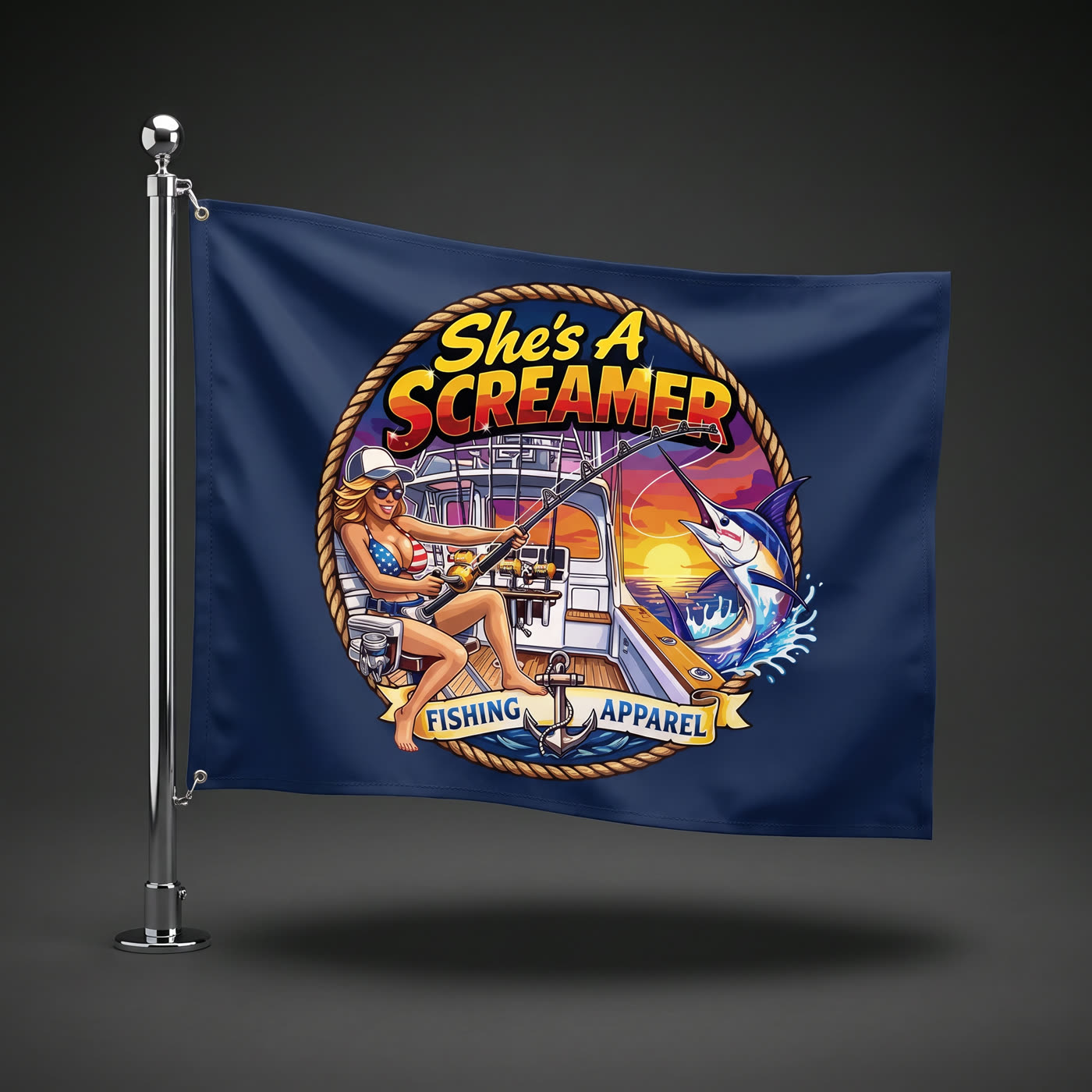 Boat flags, drinkware, and fishing gear