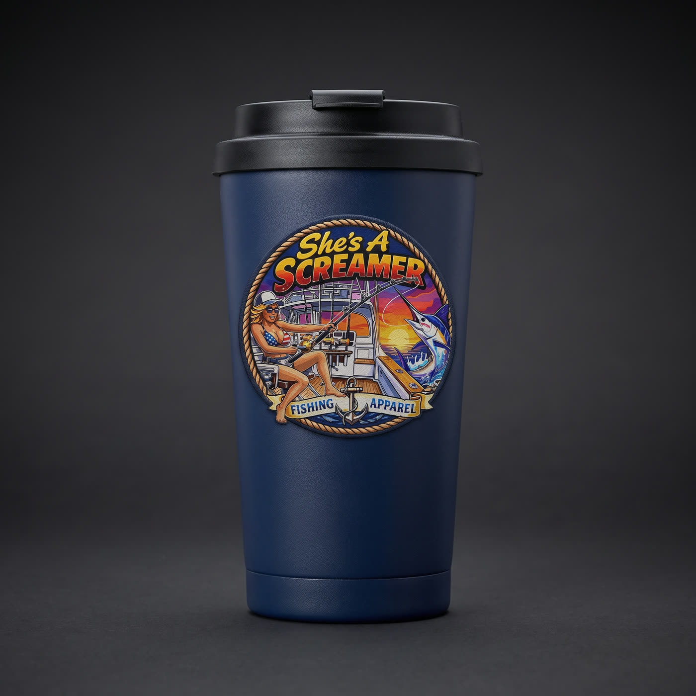 Navy insulated travel coffee cup with the She's a Screamer logo printed on the front