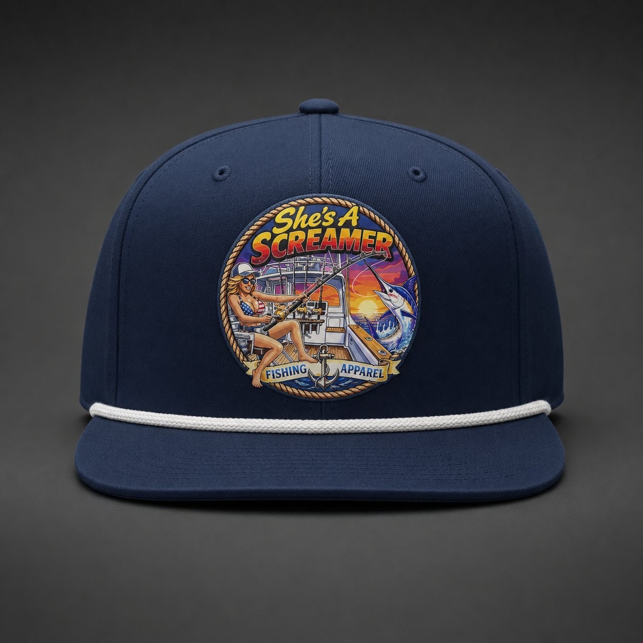 Navy flatbill rope hat with the She's a Screamer fishing logo patch on the front and a white rope trim on the brim