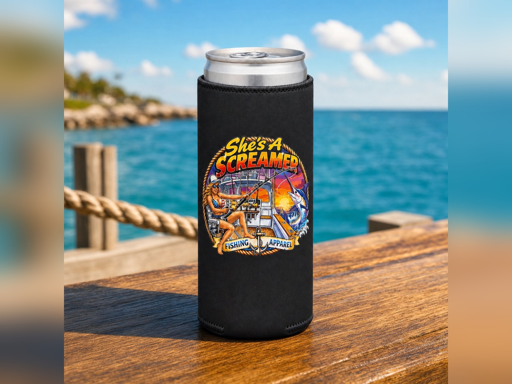 Black neoprene can koozie with the She's a Screamer fishing logo printed on the front, sized for a tall 12oz skinny can