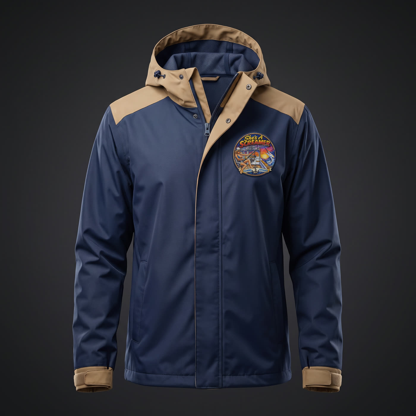 Navy and tan waterproof rain jacket with a She's a Screamer logo patch on the chest