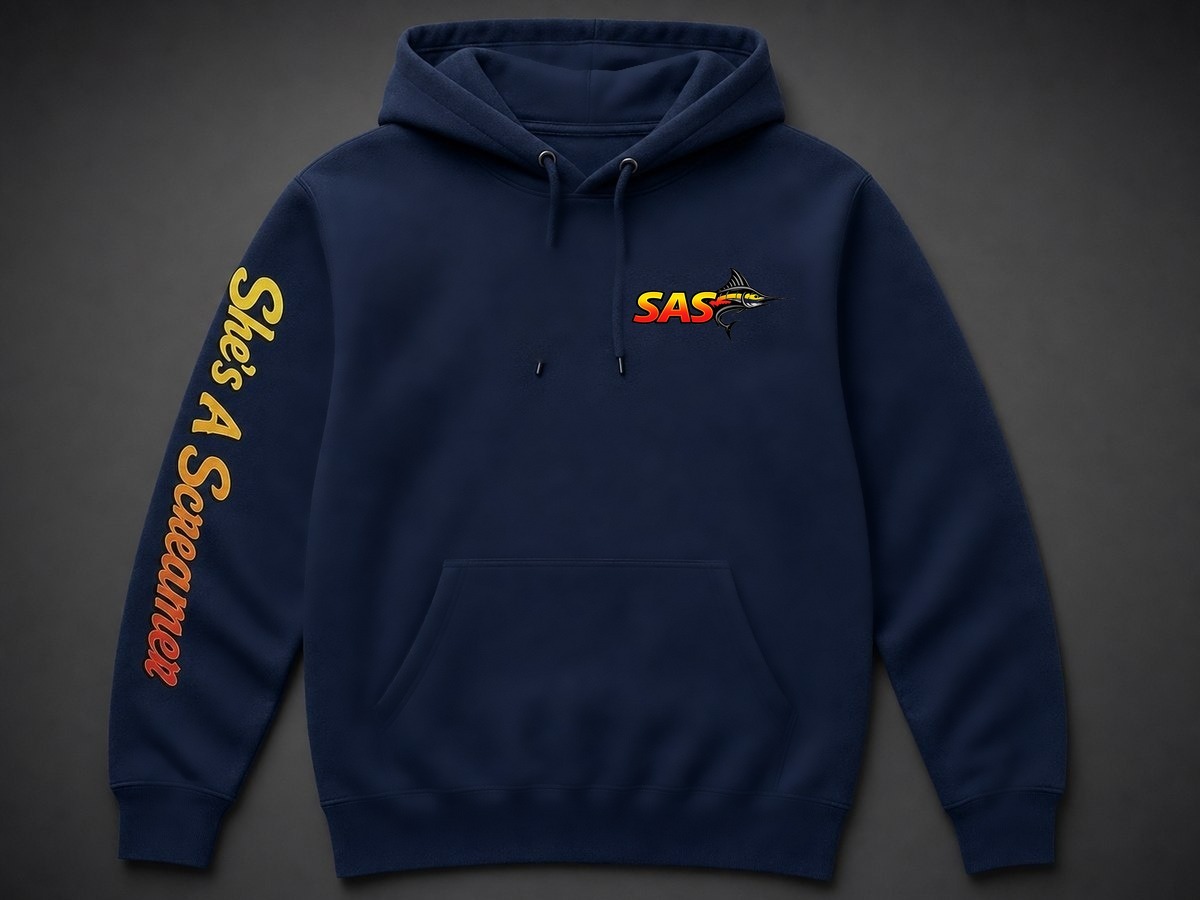 Navy hoodie with the SAS wordmark printed on the chest