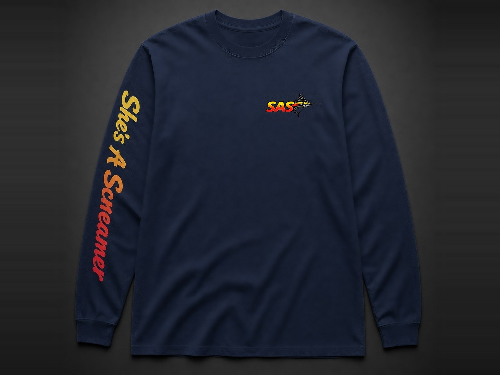 Navy long sleeve with the SAS wordmark printed on the chest