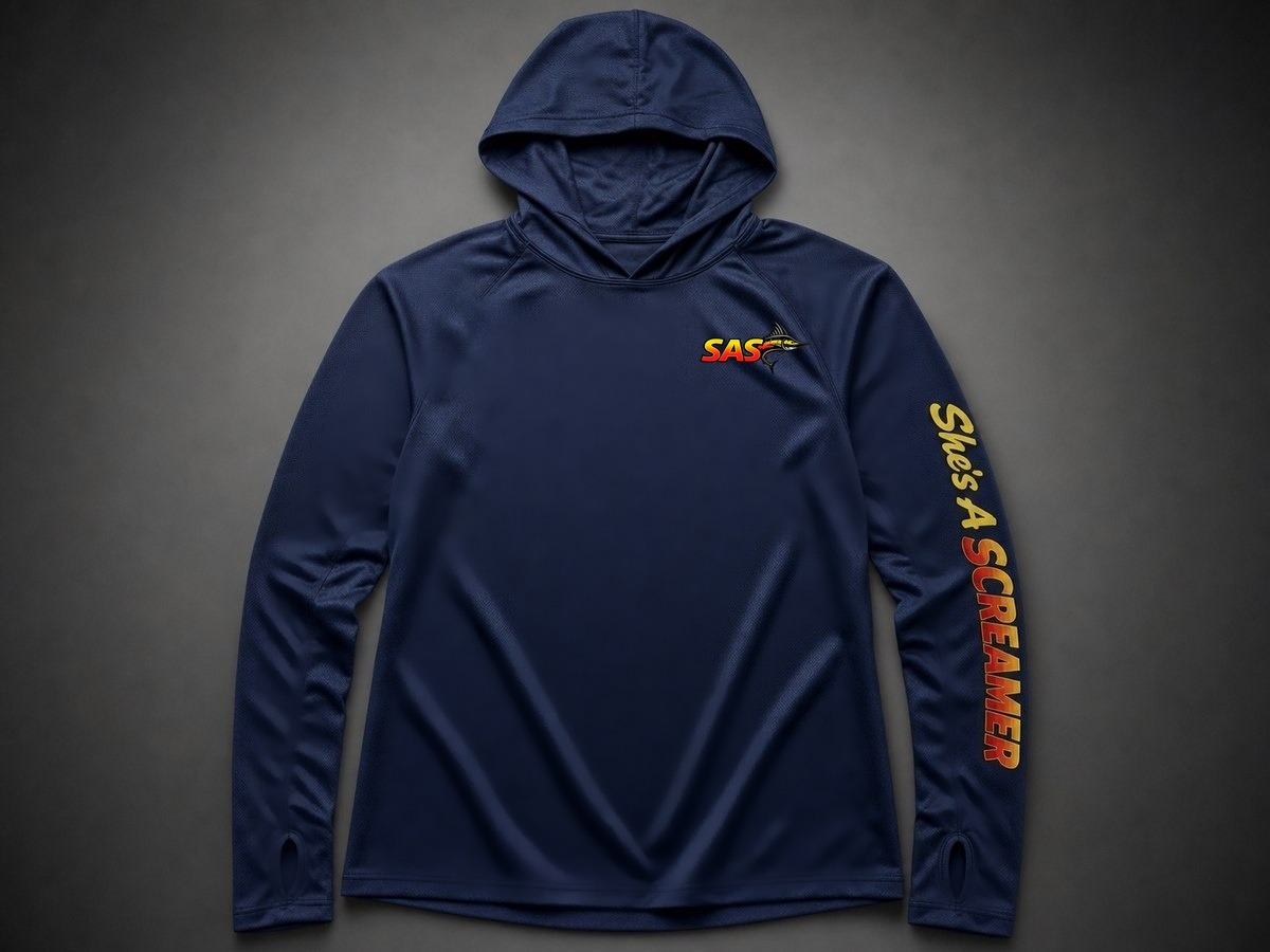 Navy sun hoodie with the SAS wordmark printed on the chest