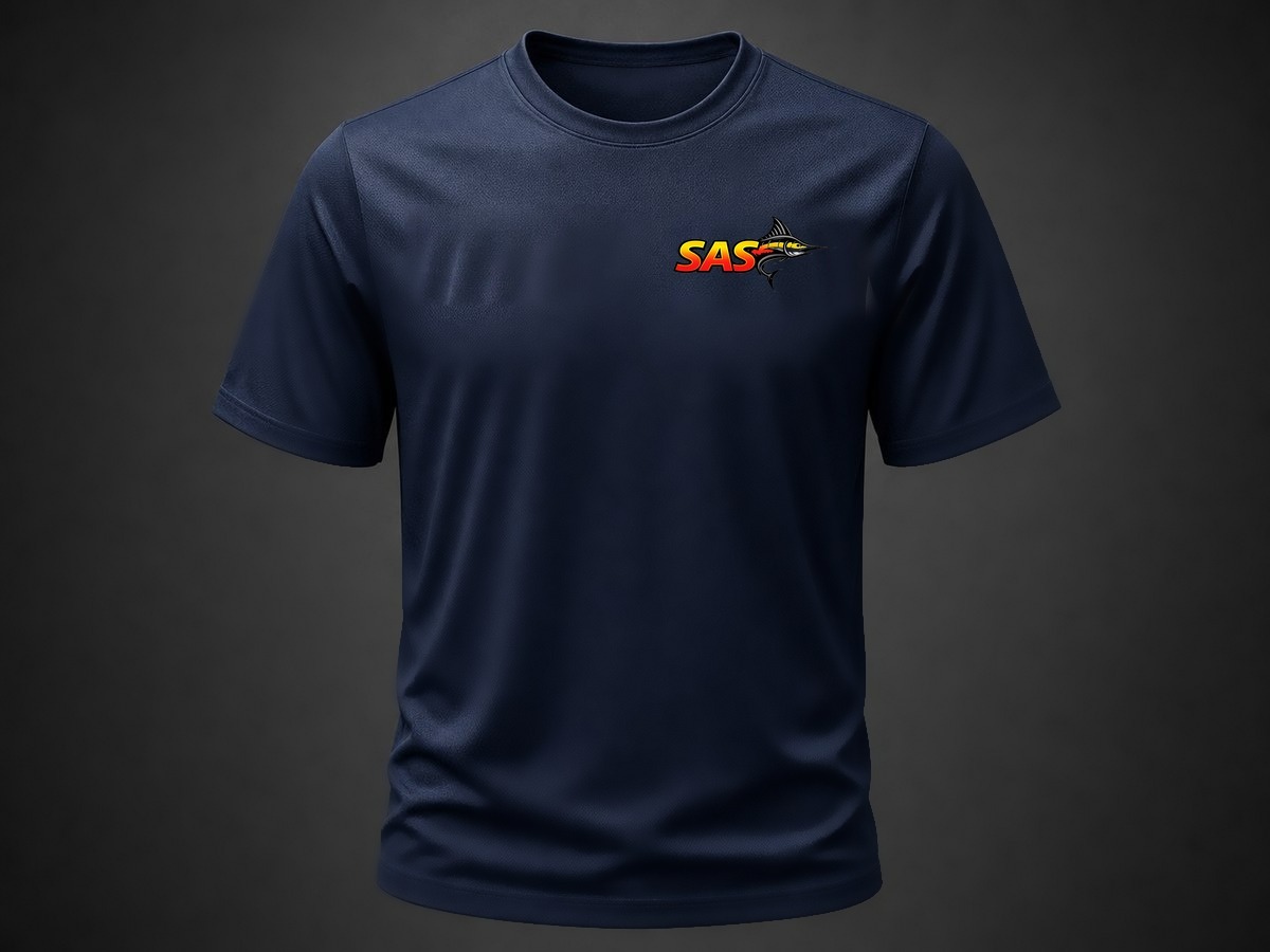 Navy performance tee with the SAS wordmark printed on the chest