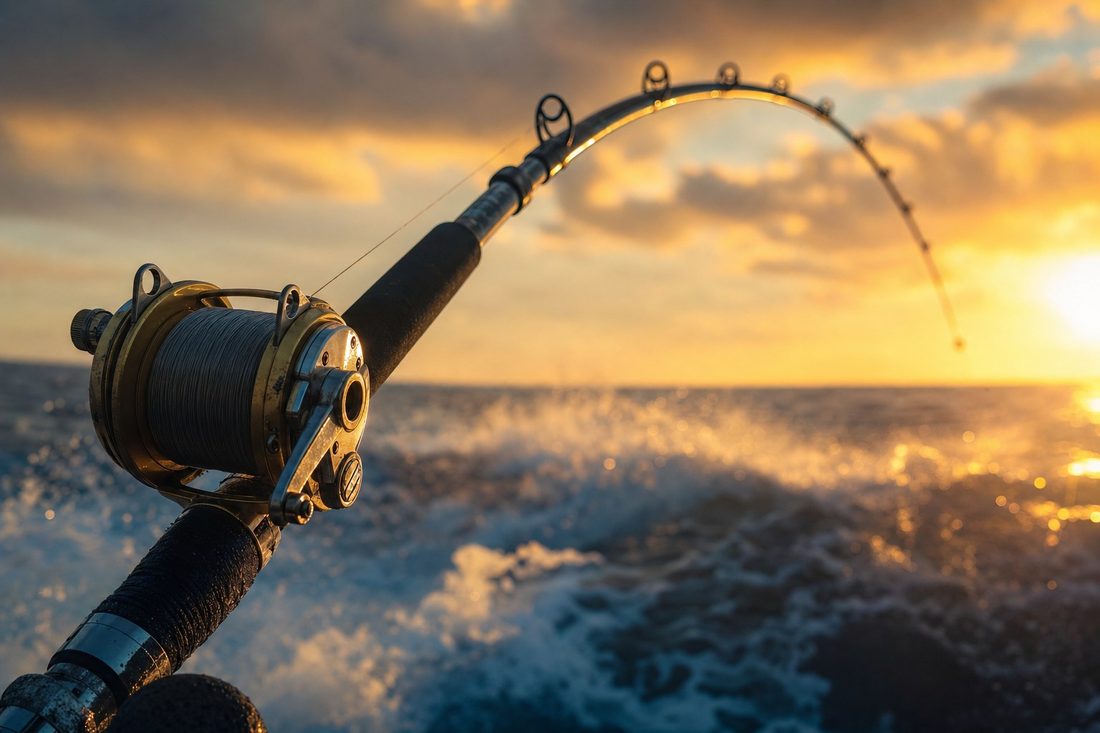 Offshore fishing rod bent under heavy tension with ocean spray at sunset