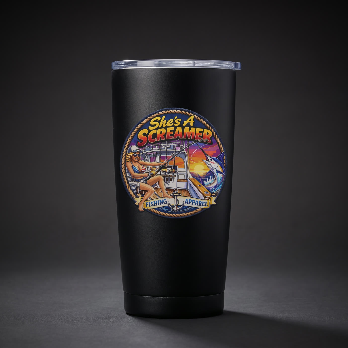 Black insulated tumbler with the She's a Screamer logo printed on the front